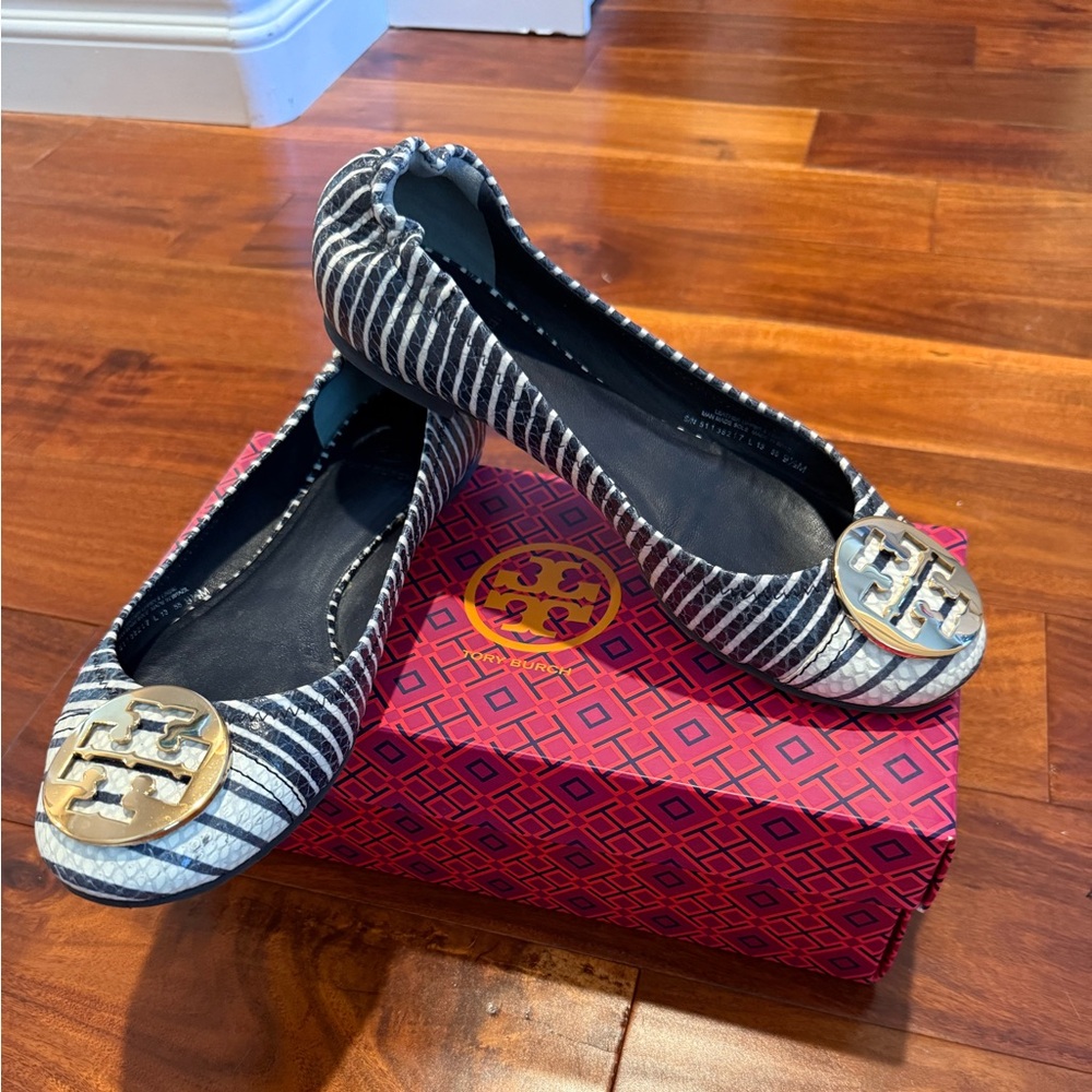 Tory Burch Striped Flats with Gold Logo